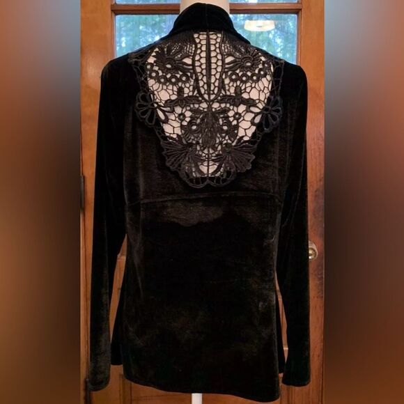 Cardigan Black Velvet Floral Lace ONE WORLD W P Large Open Front Top Whimsigoth - Picture 1 of 8
